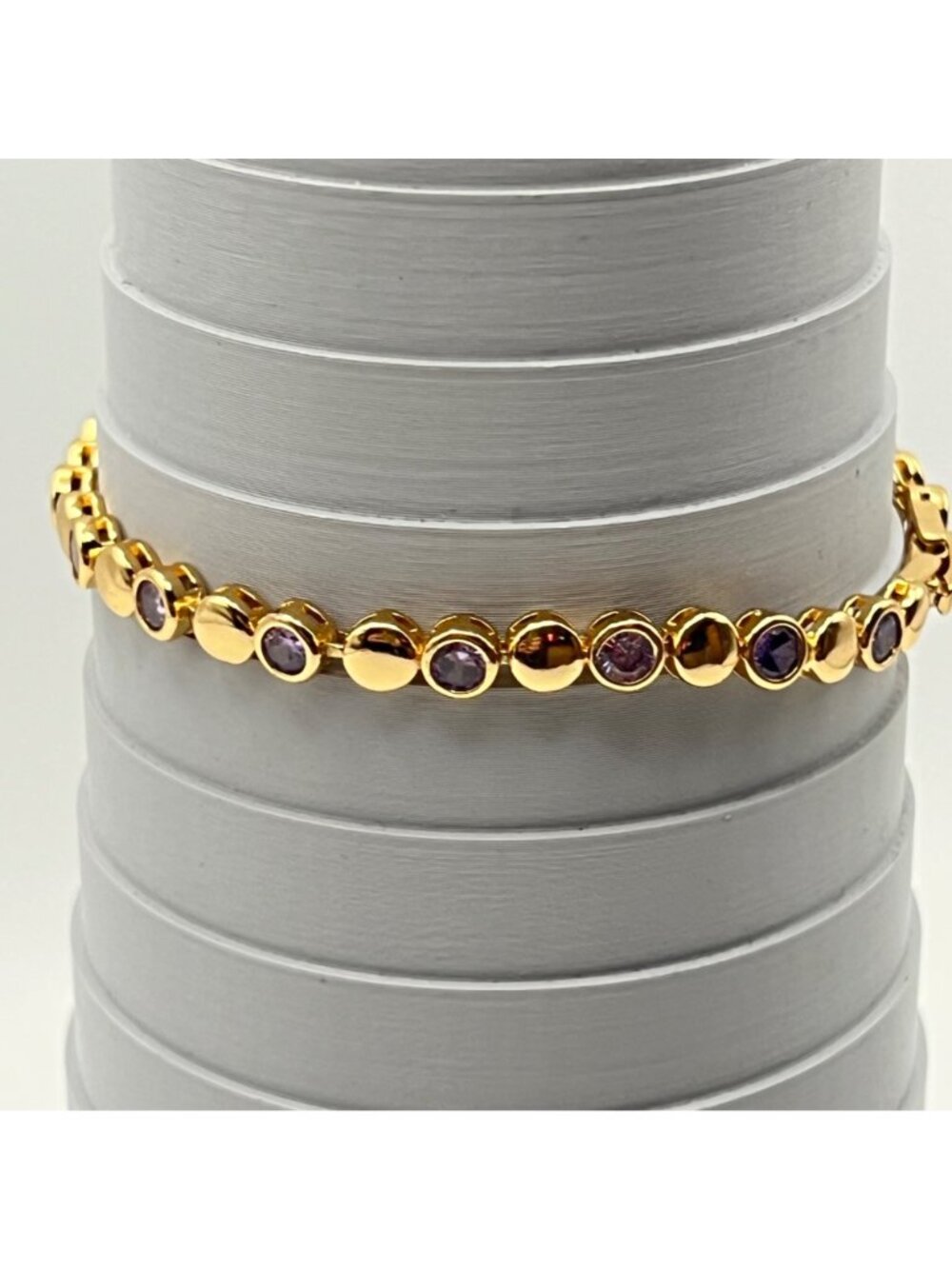 Purple CZ Gold-Tone Bracelet Bezel Set Tennis 7.5" Signed CM Stack Dainty Dressy - Picture 3 of 9
